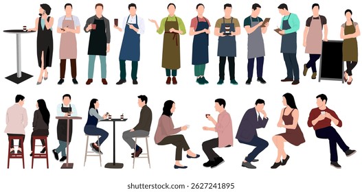 people at cafe concept. Persons sitting at restaurant or cafe on chair , tables, business lunchtime, waiters take orders. people eating and drinking at cafe
