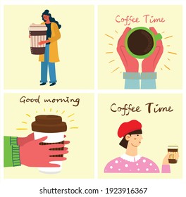 People in a cafe, drink coffee. Coffee time. Flat style vector illustration set isolated on white background.