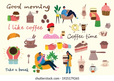 People in a cafe, drink coffee. Coffee time. Flat style vector illustration isolated on white background.