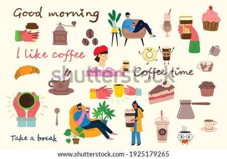 People in a cafe, drink coffee. Coffee time. Flat style vector illustration isolated on white background.