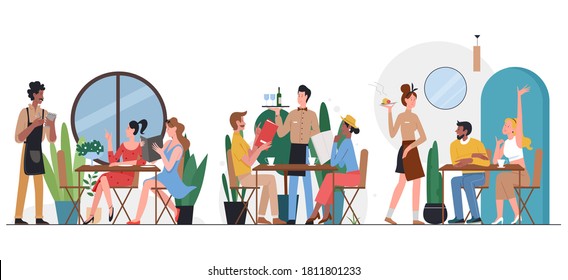 Gente en la ilustración de un vector plano de café. Un amigo o un par de personajes de dibujos animados sentados en las mesas, comiendo y hablando, ordenando la cena del camarero en el interior de la cafetería del restaurante aislado en blanco