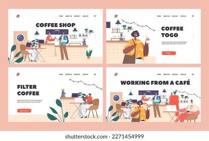 People in Cafe Landing Page Template Set. Customers in Coffee Shop Sipping Coffee, Working on Laptops