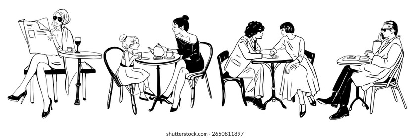 People in Cafe Line Art SetHand Drawn Minimalist Illustrations of Men and Women Drinking Coffee, Working on Laptop, Talking, Sitting at Tables Black and White Outline Clipart Collection