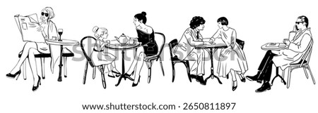 People in Cafe Line Art SetHand Drawn Minimalist Illustrations of Men and Women Drinking Coffee, Working on Laptop, Talking, Sitting at Tables Black and White Outline Clipart Collection