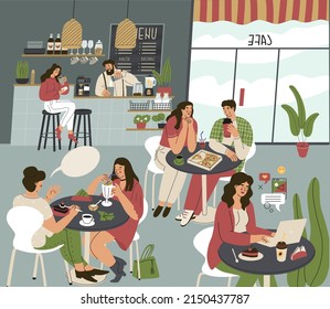 People in cafe. Men and women have lunch or work in the food court. Freelancer works on laptop at restaurant. Barista and customers inside modern coffee shop. Flat style vector illustration.