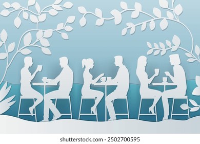 People in cafe paper cut style silhouettes sitting at tables drinking coffee surrounded by leafy branches light blue background