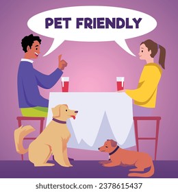 People in cafe, restaurant with their dogs. Pet friendly public place concept. Couple of owners having drinks with animals sitting near by. Flat vector illustration.