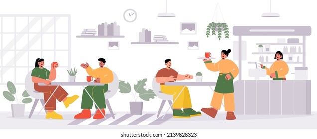 People In Cafe Or Restaurant. Vector Flat Illustration Of Coffee Shop Interior With Tables, Chairs, Bar Counter, Plants And Shelves With Books. Cafeteria With Waitress Carrying Tray With Cup