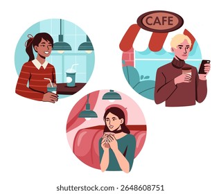 People in cafe set. Man and women with hot drinks in cafe. Aroma and beverage. Cappuccino, mocha and latte. Catering occupation. Flat vector collection isolated on white background