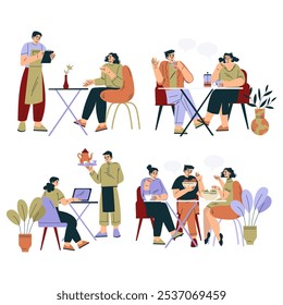 People in the Cafe Sit at Table Enjoy Drink and Communicate Vector Set