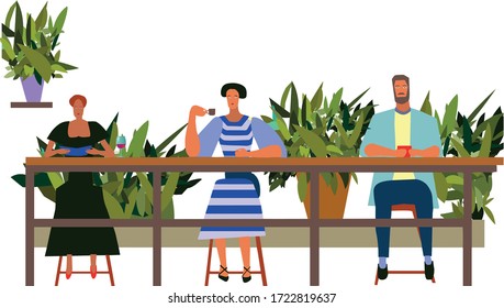 People in cafe are sitting at a distance from each other. Man drinking tea. woman drinking coffee. Woman reading a book. On the background of the plant. Vector flat style illustration.