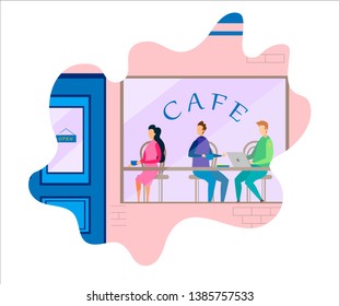People in Cafe Vector Lifestyle Flat Design Cartoon Male Visitors Coworking Having Meeting Man Drinking Coffee Freelancer Working on Laptop Woman Sitting Separately with Cup of Hot Drink Illustration