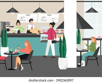 La gente en los cafés trabaja y bebe café, concepto de ilustración vectorial. Los clientes compran café en una cafetería