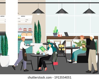 People in cafe work and drink coffee, concept vector illustration. Customers buy coffee in cafe shop. Waiter brings coffee and cake to female client