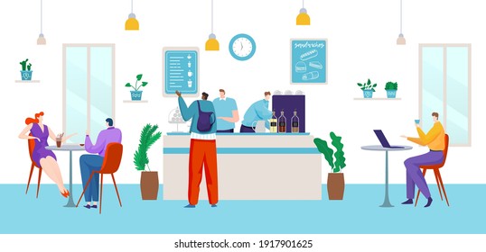 Gente en la cafetería, joven hace el pedido, mujer en la mesa bebe café, servicio al cliente, dibujos animados estilo ilustración vectorial. Moderno interior de tienda, estilo de vida moderno, varias bebidas, hombre trabajando en laptop.