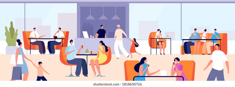 People in cafeteria. Girl eating, person drinking coffee tea. Couple in restaurant, meetings in cafe on mall food court vector illustration