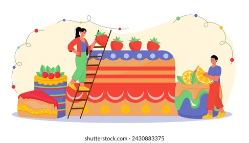 People with cake concept. Man and woman near dessert and delicacy. Pastry and homemade bakery. Holiday and festival. Cartoon flat vector illustration isolated on white background