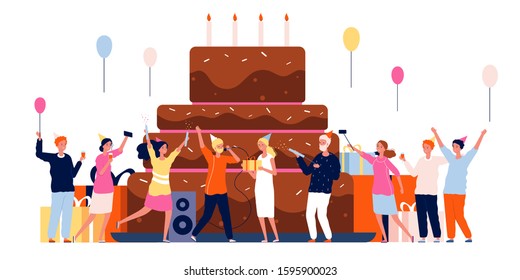 People with cake. Family celebration characters dancing and playing big cake vector party birthday background People with cake. Family celebration characters dancing and playing big cake vector party birthday background