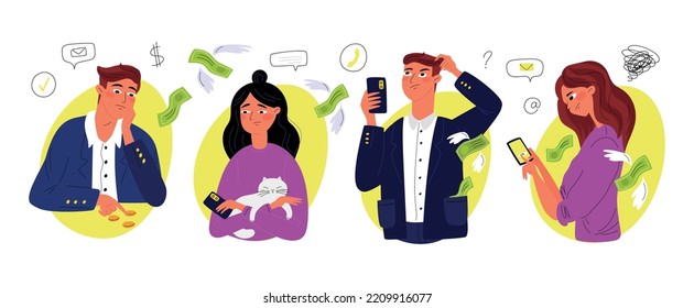 People Calculate Expenses, Pay Bills, Look At The Account Balance. The Person Making The Purchase Decision. Sad People Thinking About Spending Money. Waste Of The Family Budget. Vector Illustration