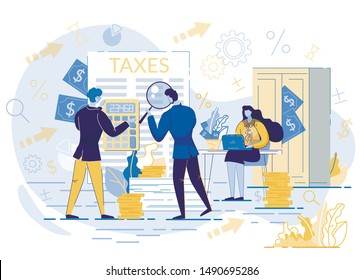 People Calculating Tax Payment Flat Cartoon Vector Illustration. Government State Taxes. Data Analysis, Paperwork, Financial Research, Report. Businessman Holding Magnifier. Woman ar Desk.