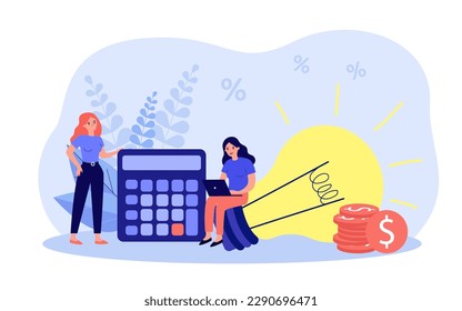 People calculating utility bills vector illustration. Tiny young women with calculator and light bulb managing finance, worrying about costs increase. Energy consumption, cost of living concept