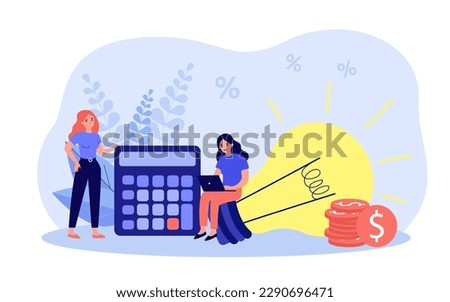 People calculating utility bills vector illustration. Tiny young women with calculator and light bulb managing finance, worrying about costs increase. Energy consumption, cost of living concept
