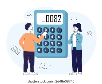 Pessoas com calculadora. Homem e mulher calculando rendimentos ou despesas. Literacia financeira e contabilidade, planeamento orçamental. Matemática e equações matemáticas. Ilustração de vetor linear