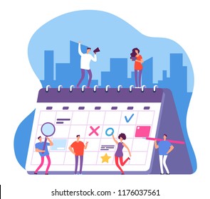 People and calendar. Entrepreneurship schedule plan, work planning. Persons with whiteboard organizer vector concept. Illustration of organizer and calendar work, date and time plan