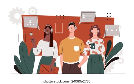 People in call center. Man and women with headphones. Technical support and answers to questions. Hot line workers and employees. Cartoon flat vector illustration isolated on white background