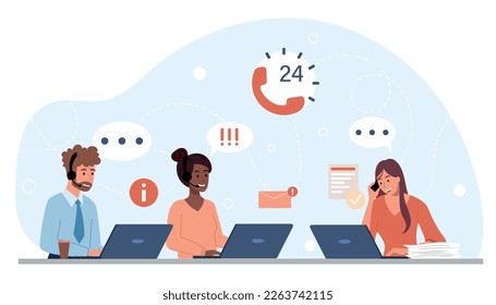 People in call center. Men and woman at laptop answer questions from users. Technical support and hotline. Workers using headphones for talking with customers. Cartoon flat vector illustration