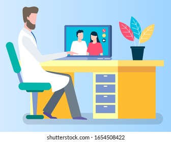 People call doctor for online consultation by videoconference in real time. Practitioner sit in cabinet at hospital and consult about illnesses and prescribe treatment remotely. Vector illustration