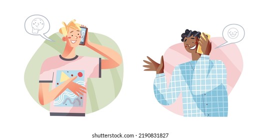 People call on mobile phone and smile set vector illustration. Cartoon freelancer man and black guy character talking about business work, hipster holding cellphone, black boy student smiling