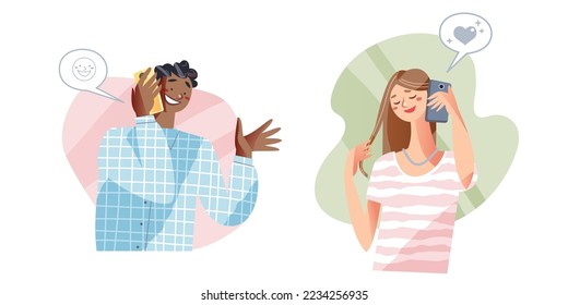 People call on mobile phone and smile set vector illustration. Cartoon freelancer woman and black guy character talking about business work, hipster holding cellphone, black boy student smiling.