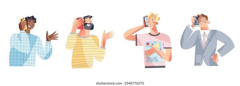 People call on mobile telephone. Happy and smiling men holding smartphone and talking with friends or family. Flat vector illustration set isolated on transparent.