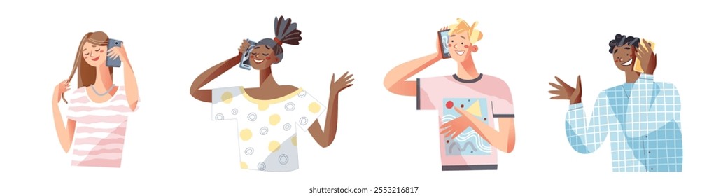 People call on mobile telephone. Happy and smiling men and women holding smartphone and talking with friends or family. Flat vector illustration set isolated on transparent.