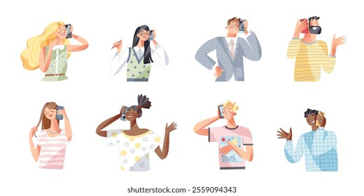 People call on mobile telephone. Happy and smiling men and women holding smartphone and talking with friends or family. Flat vector illustration set isolated on transparent.