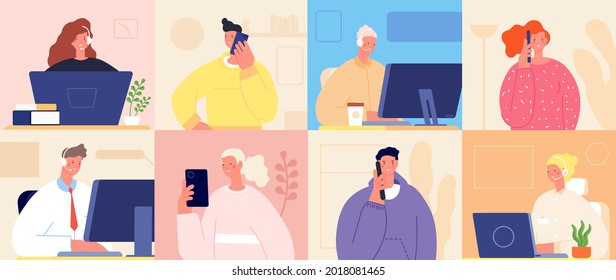 People call to support center. Web services, customer calling for help. Woman at laptop or computer in headphones, phone conversation utter vector concept