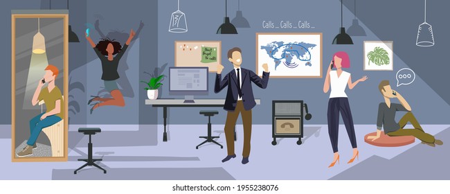 People call and talk on phone in office, in phone boх. World mobile communications, hot and cold calling. Banner, concept for design. Modern office with trendy interior items. Vector illustrations.