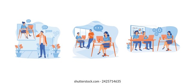 People calling to customer support service. Friendly young people working in a call center. Woman with phone calling to customer support service concept. Set Flat vector illustration.