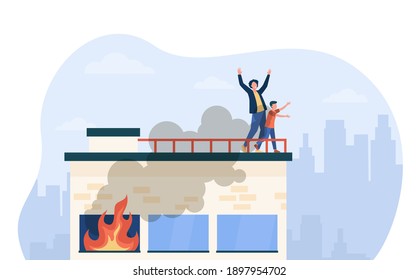 People Calling For Help On Top Of Fire Building. Accident, Smoke, Victim. Flat Vector Illustration. Emergency, Disaster, Rescuing Concept For Banner, Website Design Or Landing Web Page