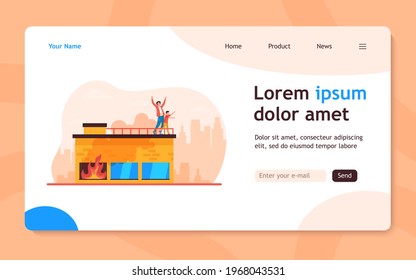 People calling for help on top of fire building. Accident, smoke, victim. Flat vector illustration. Emergency, disaster, rescuing concept for banner, website design or landing web page