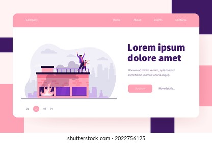 People calling for help on top of fire building. Accident, smoke, victim. Flat vector illustration. Emergency, disaster, rescuing concept for banner, website design or landing web page