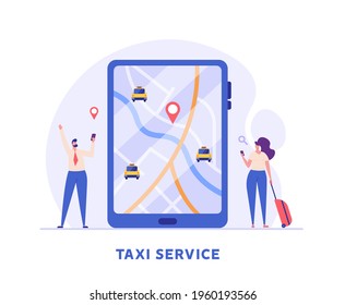 People Calling A Taxi, Checking Where The Car Is. Concept Of Taxi Service, Geolocation, Convenient Use, Car, Driver, Homecoming. Vector Illustration In Flat Design For Mobile App, Web Banner.