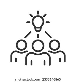 People came up with an idea, people and a light bulb, linear icon. Line with editable stroke