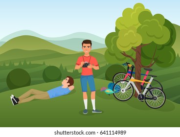 People with camera and bicycles in nature near mountains vector illustration.