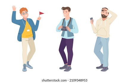 People with camera and smartphone walking at excursion with tour guide and taking photos set vector illustration