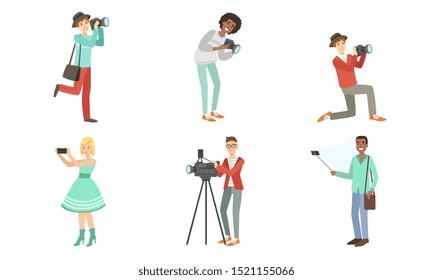 People with cameras and smartphones. Set of vector illustrations.