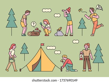 People camp and have fun in nature. flat design style minimal vector illustration.