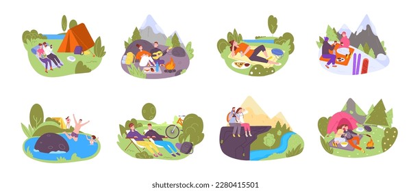 La gente acampa descansando. Picnic familiar o amigos actividades de acampada de verano, caminatas de montaña esquí campana canto cocina al aire libre recreación del río, ilustración vectorial del verano familiar