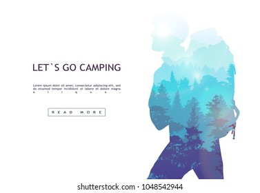 People camping, adventure and travel concept, beautiful forest, mountain and sky, double exposure, vector illustration.
